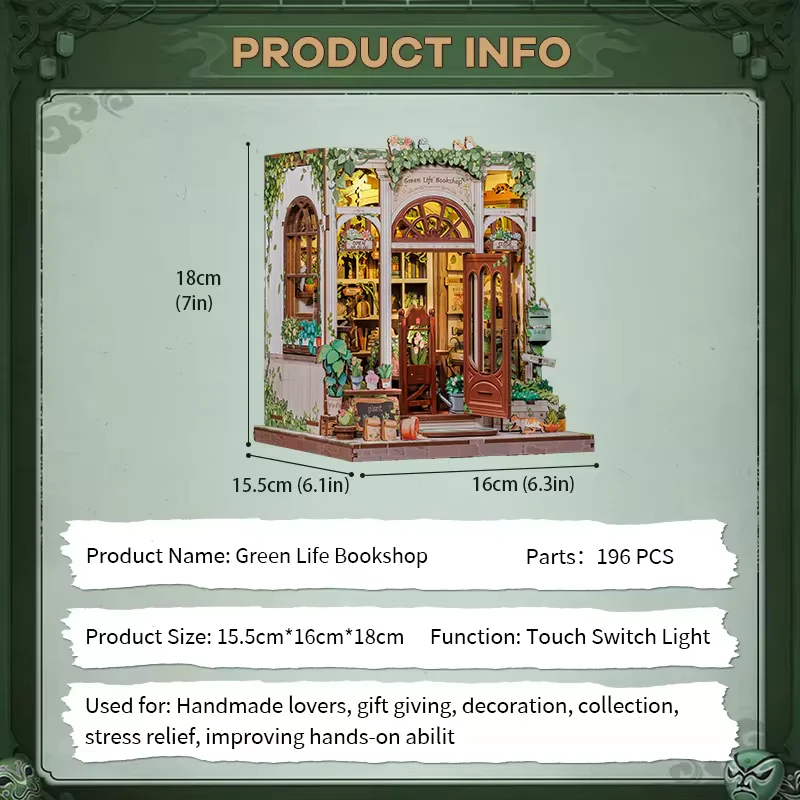Green Life Bookshop Dollhouse Kit - Miniature Wizardi Roombox Kit with LED Light F07M51-88-CWGC203 - Image 5