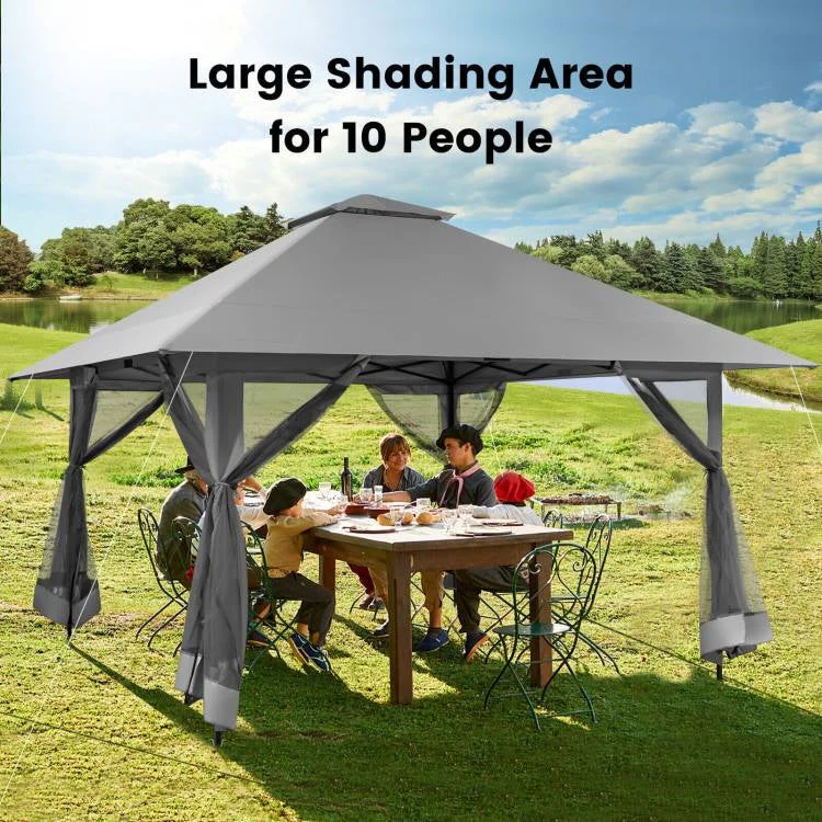 Grey 13 x 13 Ft Pop-Up Gazebo Outdoor Canopy w/ Mesh Mosquito Netting Sidewalls - Image 3