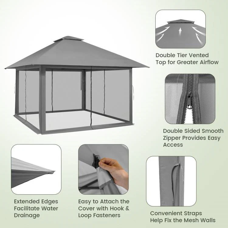 Grey 13 x 13 Ft Pop-Up Gazebo Outdoor Canopy w/ Mesh Mosquito Netting Sidewalls - Image 4