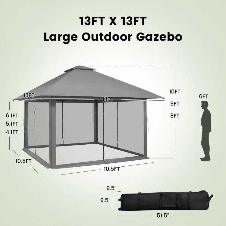 Grey 13 x 13 Ft Pop-Up Gazebo Outdoor Canopy w/ Mesh Mosquito Netting Sidewalls - Image 5