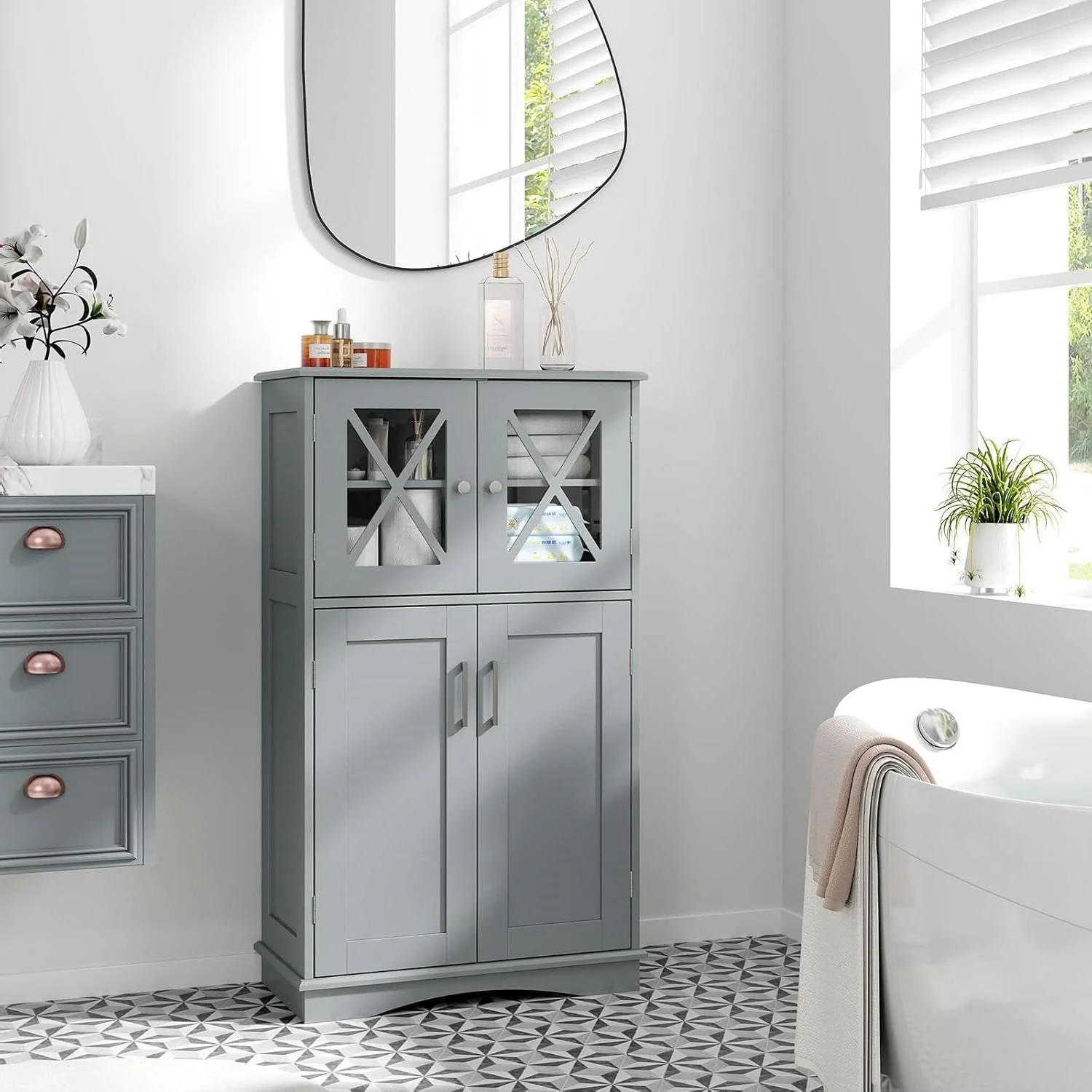 Grey Bathroom Towel Linen Cabinet with Glass Doors and Storage Shelves - Image 2