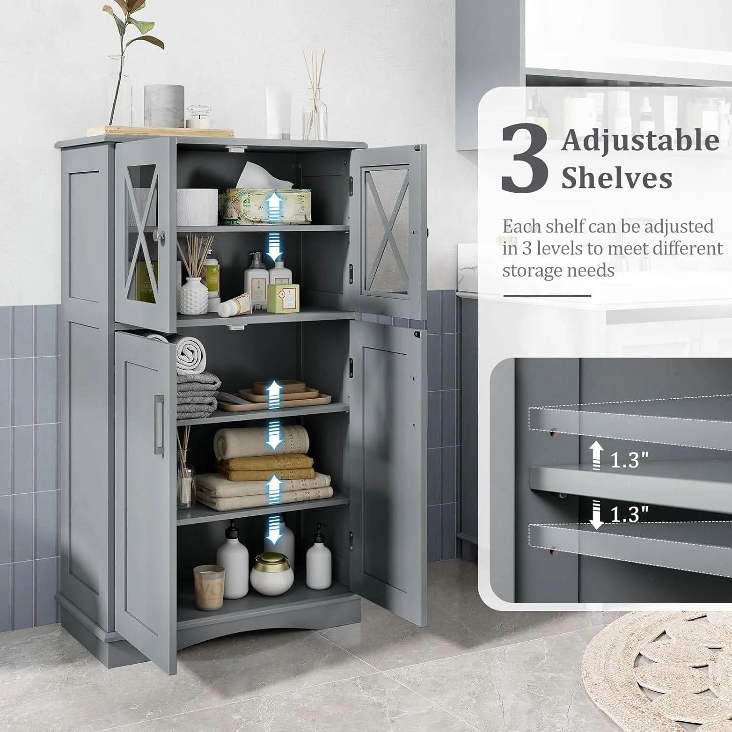 Grey Bathroom Towel Linen Cabinet with Glass Doors and Storage Shelves - Image 3