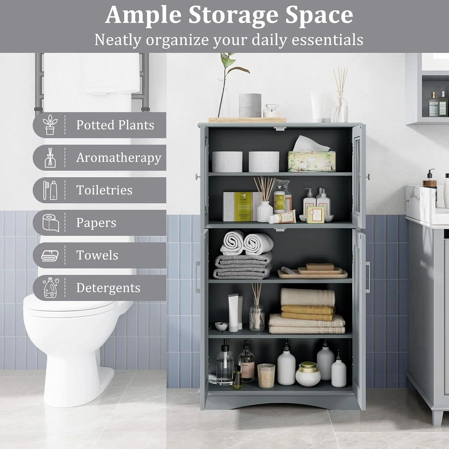 Grey Bathroom Towel Linen Cabinet with Glass Doors and Storage Shelves - Image 4