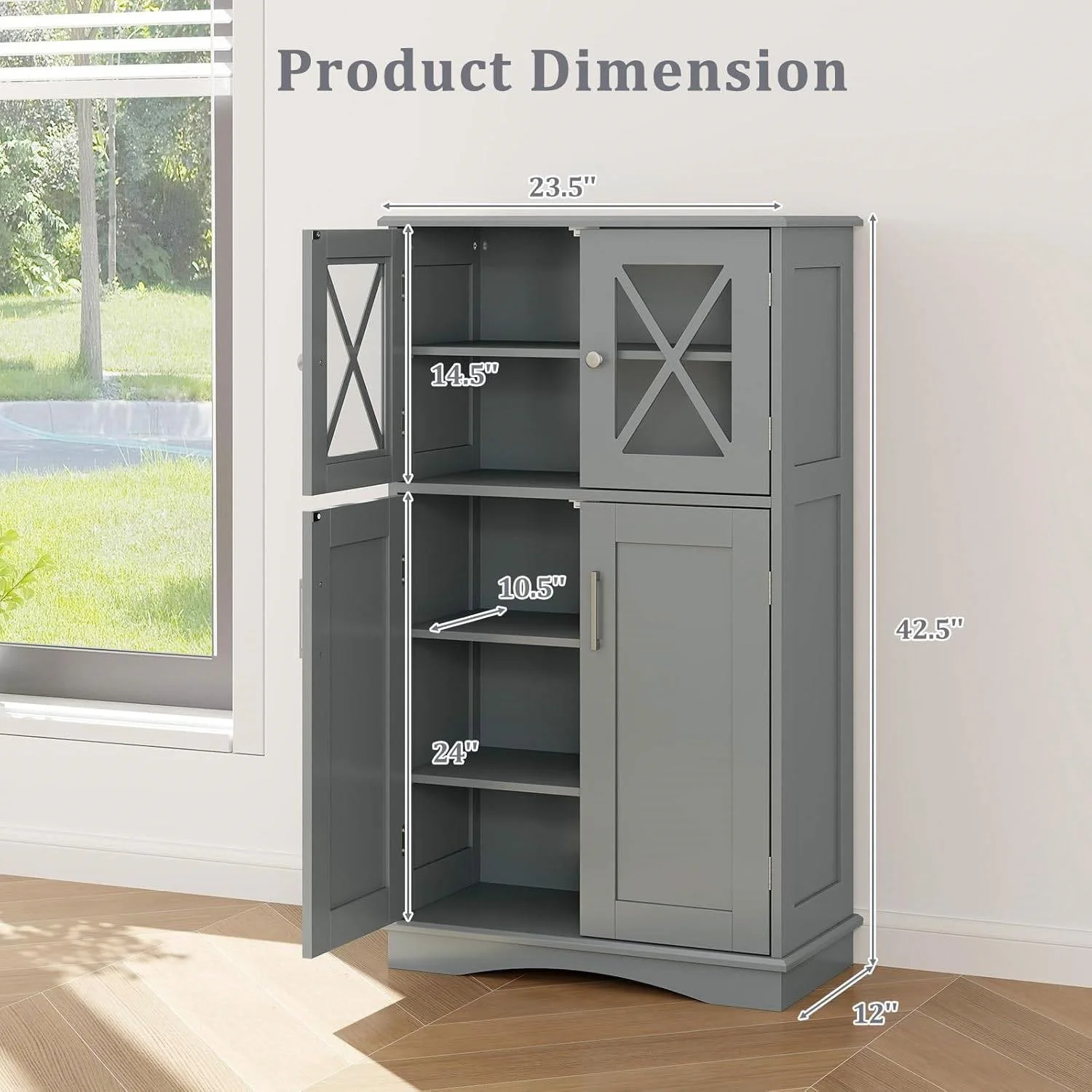 Grey Bathroom Towel Linen Cabinet with Glass Doors and Storage Shelves - Image 5