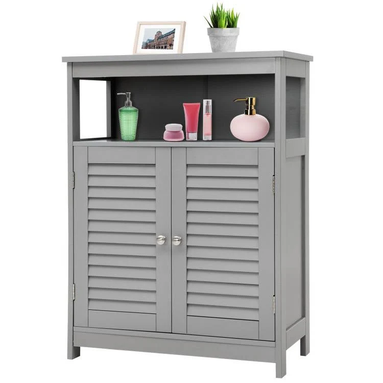 Grey Farmhouse Bathroom Linen Cabinet with Louvered Doors and Open Shelf - Image 2