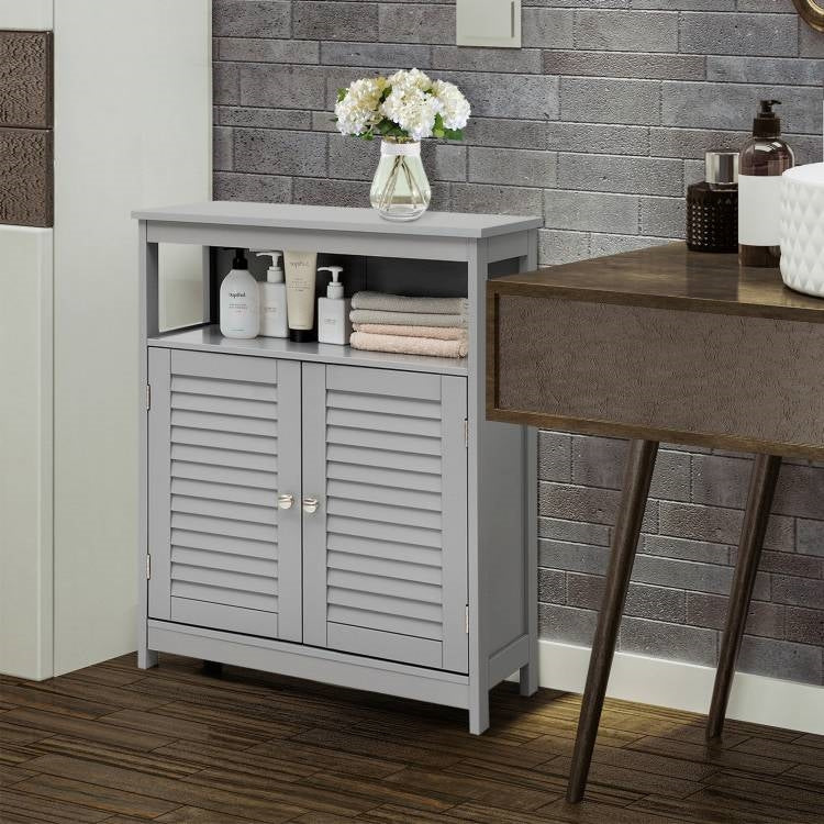 Grey Farmhouse Bathroom Linen Cabinet with Louvered Doors and Open Shelf - Image 3