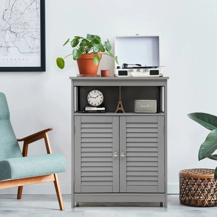 Grey Farmhouse Bathroom Linen Cabinet with Louvered Doors and Open Shelf - Image 4
