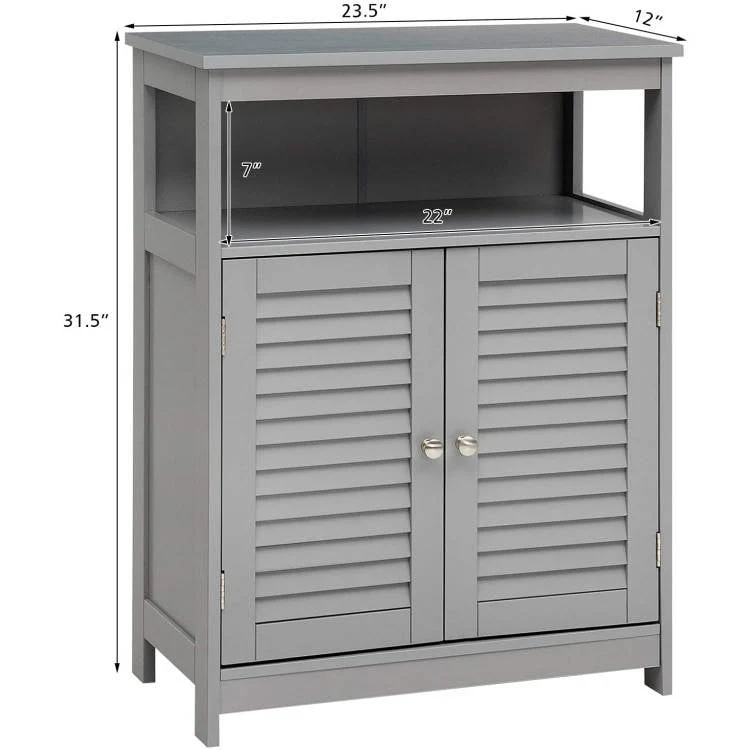 Grey Farmhouse Bathroom Linen Cabinet with Louvered Doors and Open Shelf - Image 5