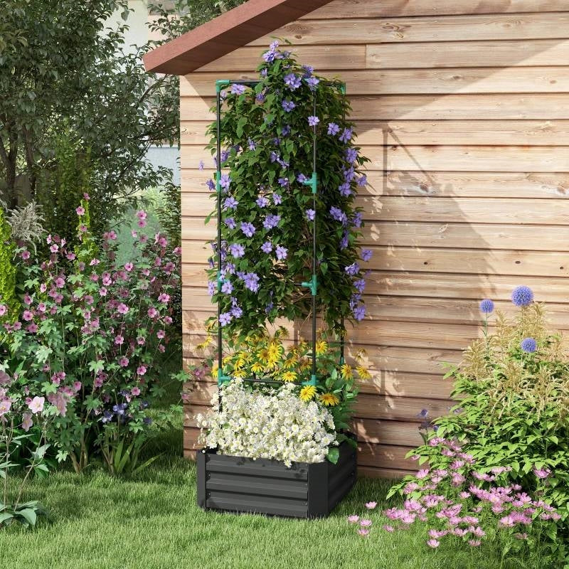 Grey Galvanized Open Bottom Raised Garden Bed Planter with Tomato Cage Trellis - Image 3
