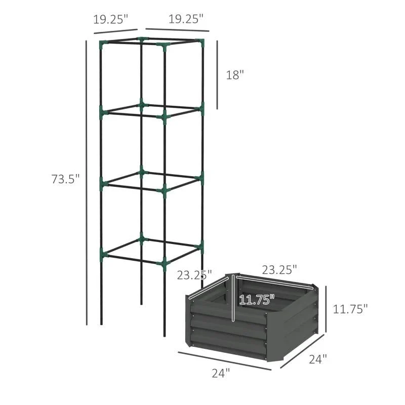 Grey Galvanized Open Bottom Raised Garden Bed Planter with Tomato Cage Trellis - Image 4