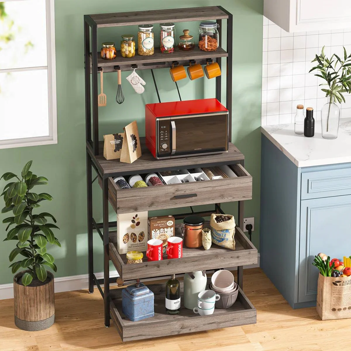 Grey Modern Baker's Rack Kitchen Shelving Unit with Pull-Out Shelves and Drawer - Image 2