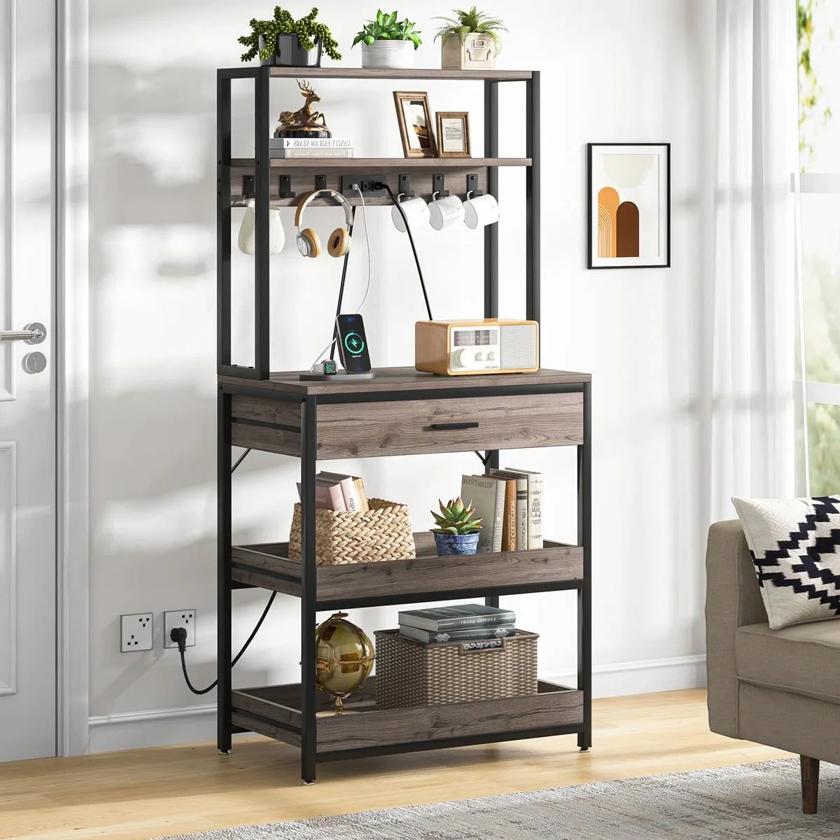 Grey Modern Baker's Rack Kitchen Shelving Unit with Pull-Out Shelves and Drawer - Image 3