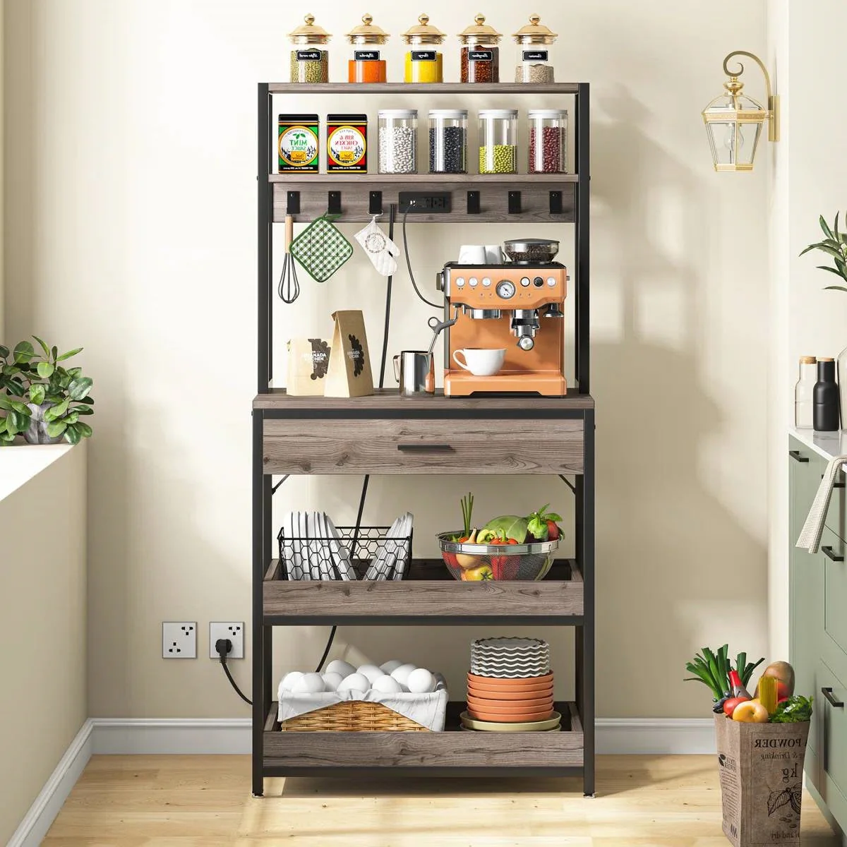 Grey Modern Baker's Rack Kitchen Shelving Unit with Pull-Out Shelves and Drawer - Image 4