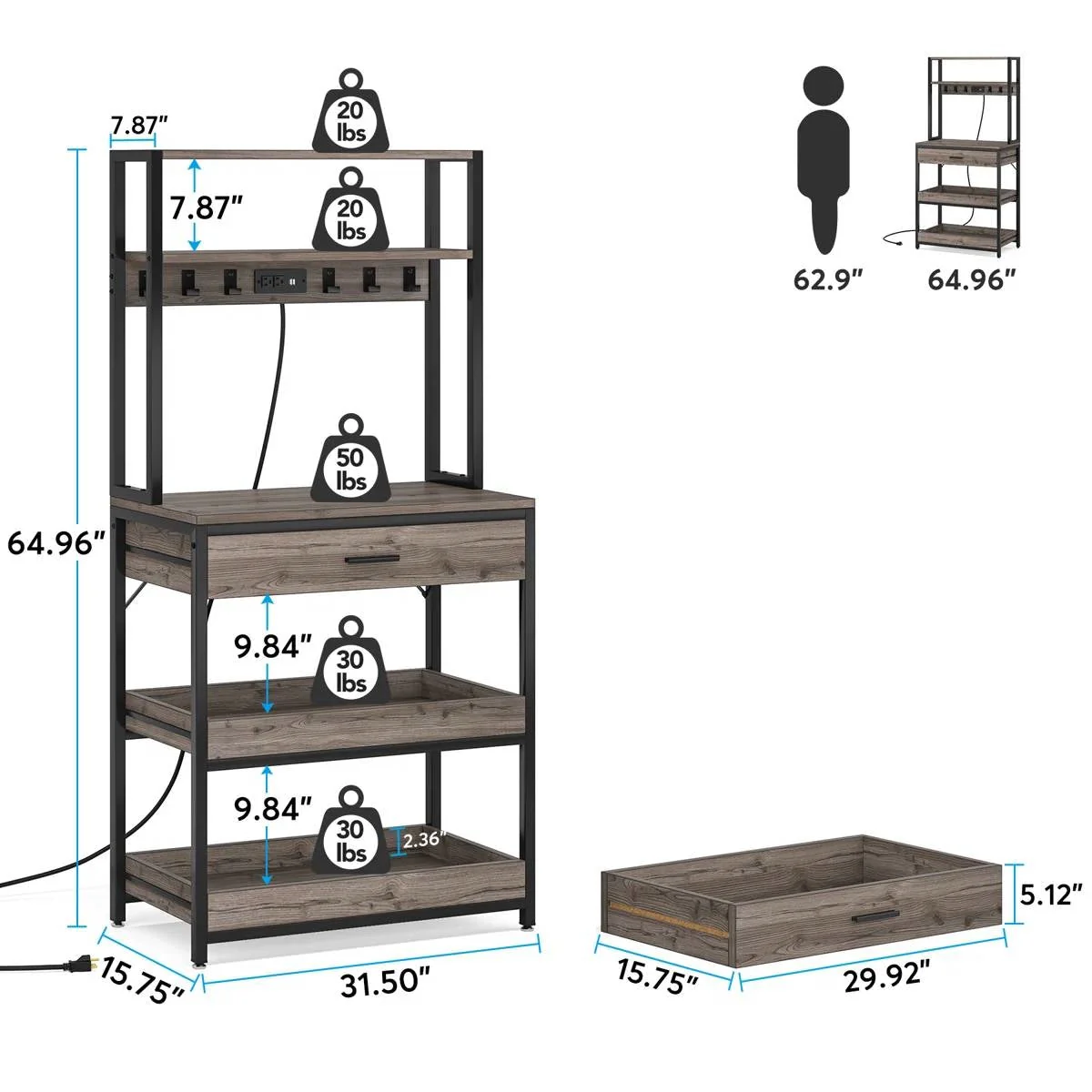 Grey Modern Baker's Rack Kitchen Shelving Unit with Pull-Out Shelves and Drawer - Image 5