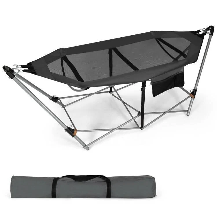 Grey Portable Camping Foldable Hammock with Stand and Carry Case - Image 2