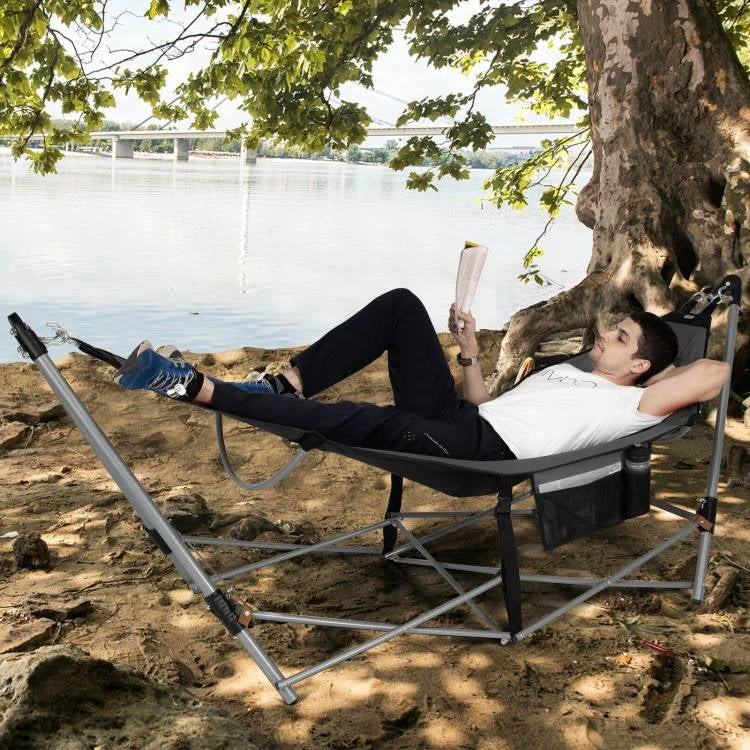 Grey Portable Camping Foldable Hammock with Stand and Carry Case - Image 3