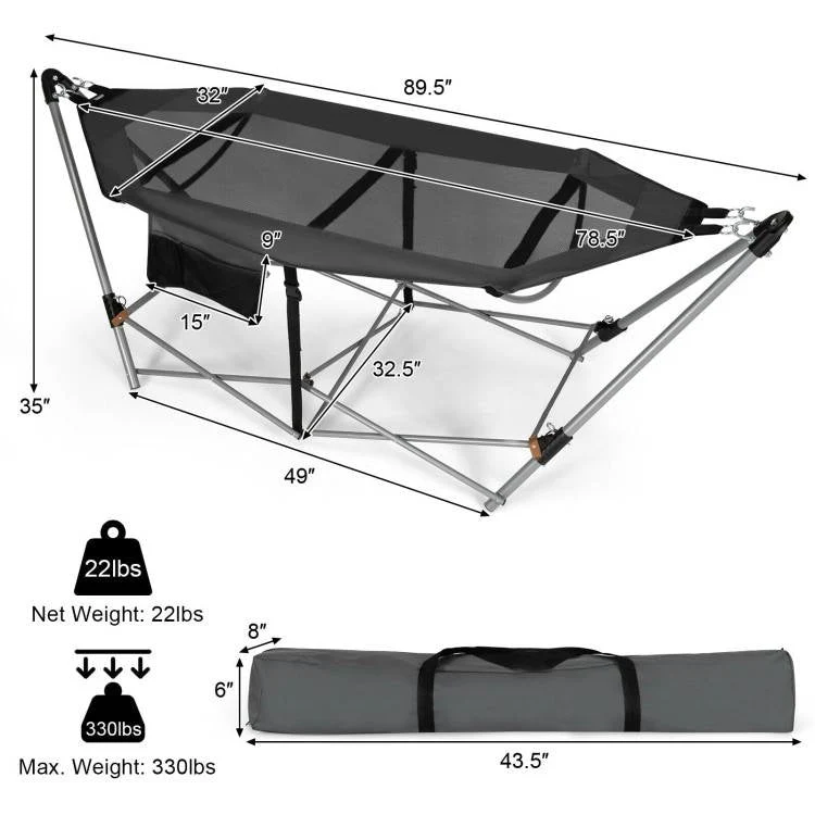 Grey Portable Camping Foldable Hammock with Stand and Carry Case - Image 4