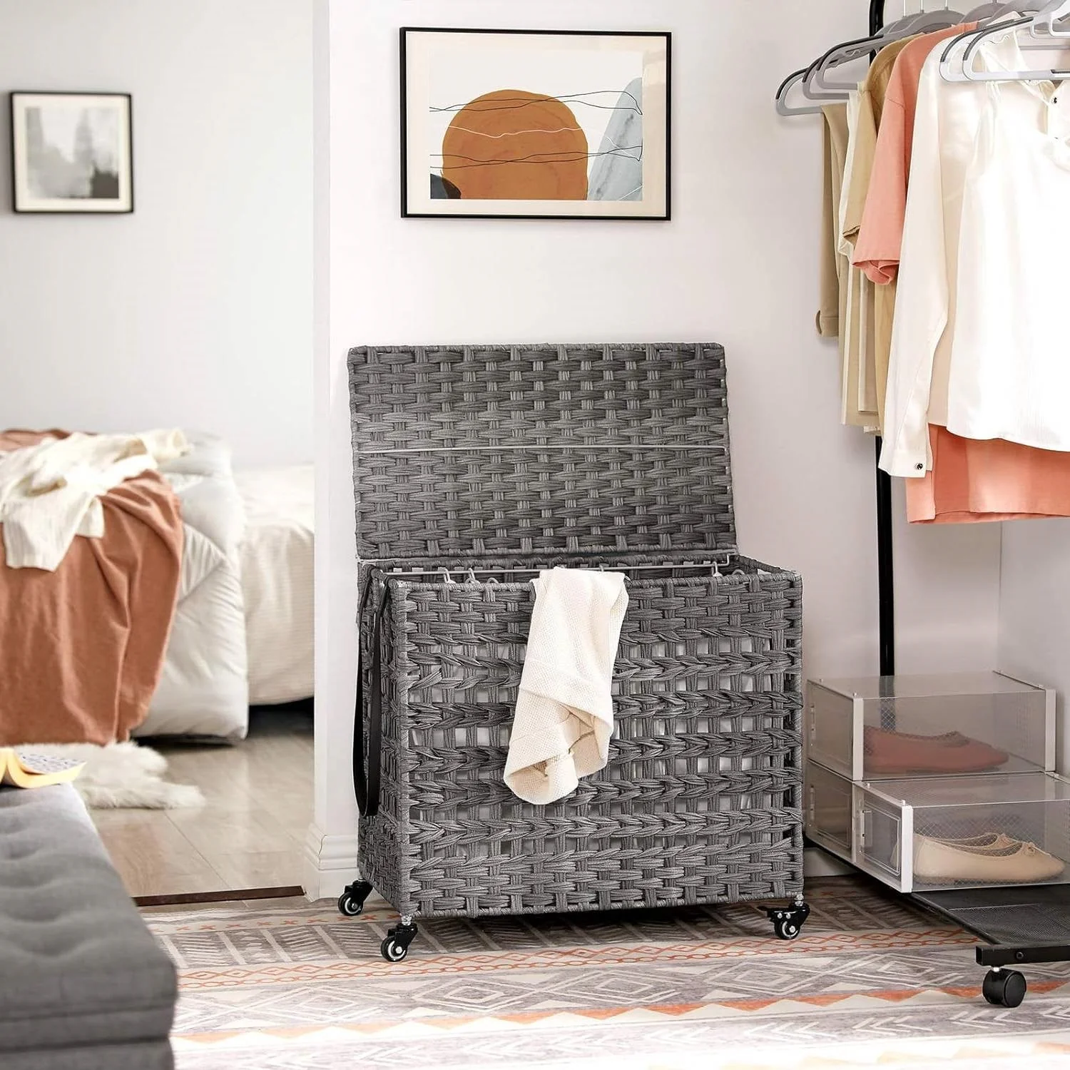 Grey PP Rattan 3-Basket Laundry Hamper Sorter Cart with Removable Cotton Bags - Image 2