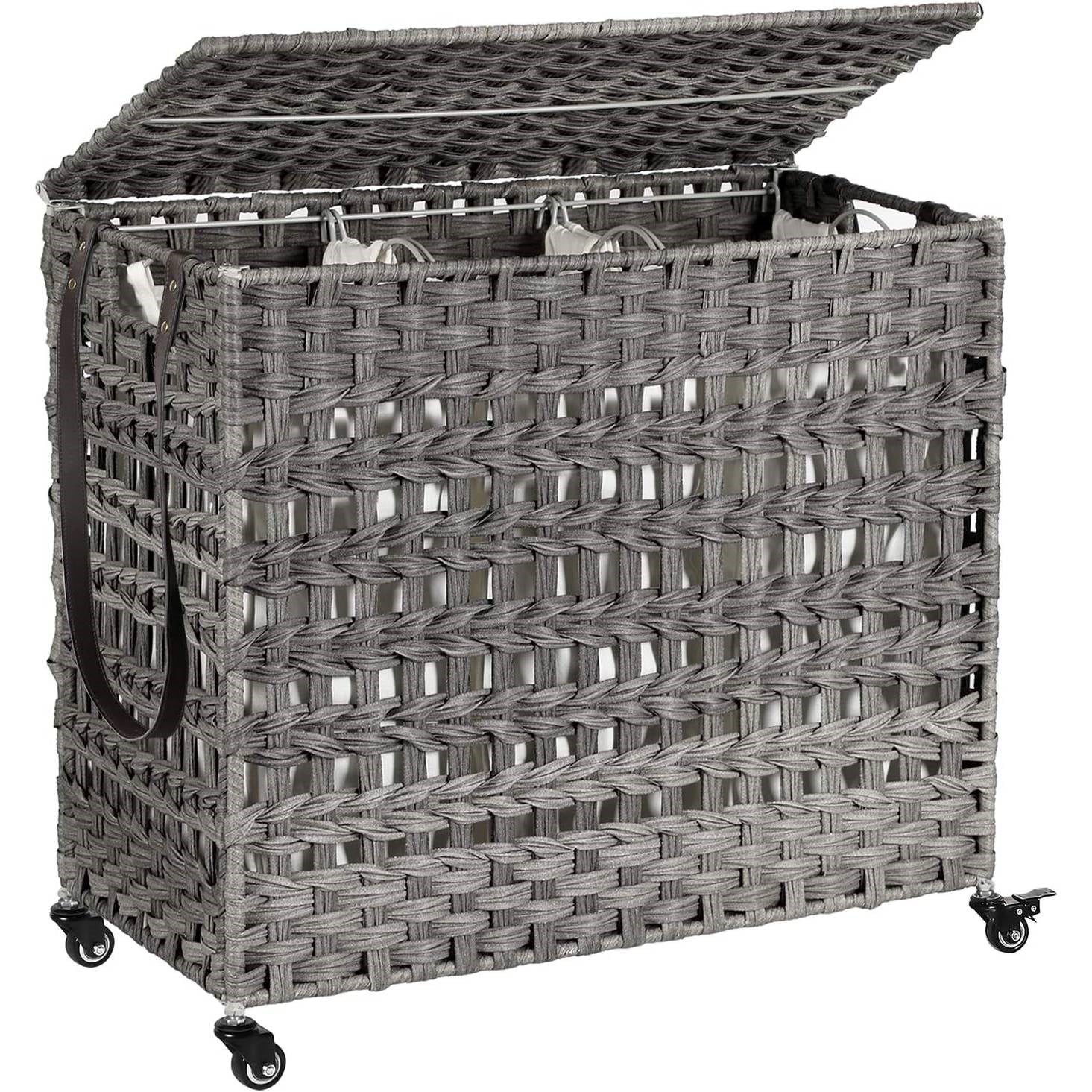 Grey PP Rattan 3-Basket Laundry Hamper Sorter Cart with Removable Cotton Bags - Image 3