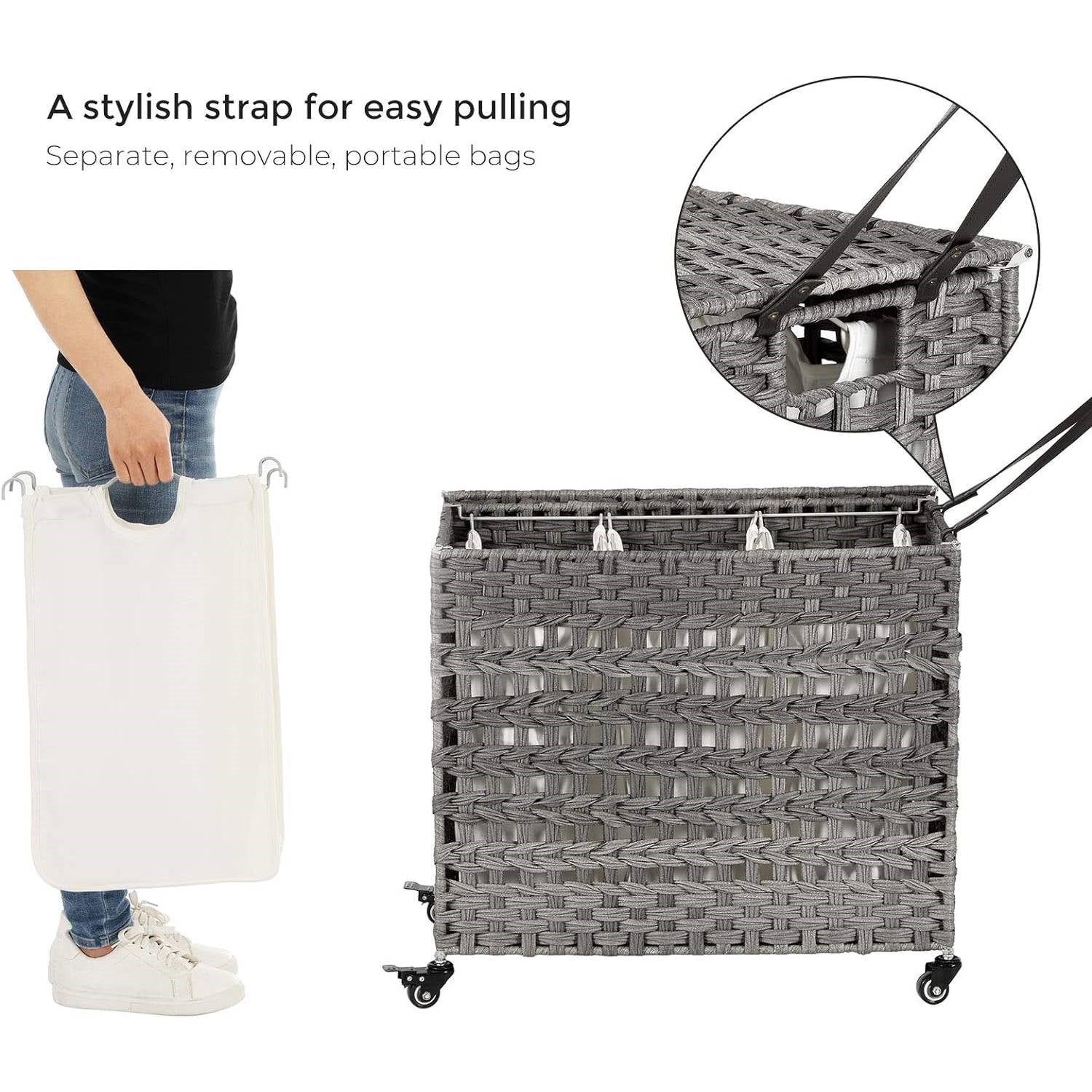 Grey PP Rattan 3-Basket Laundry Hamper Sorter Cart with Removable Cotton Bags - Image 4
