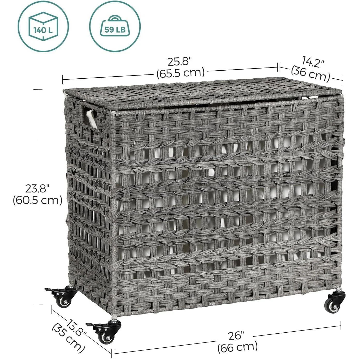 Grey PP Rattan 3-Basket Laundry Hamper Sorter Cart with Removable Cotton Bags - Image 5