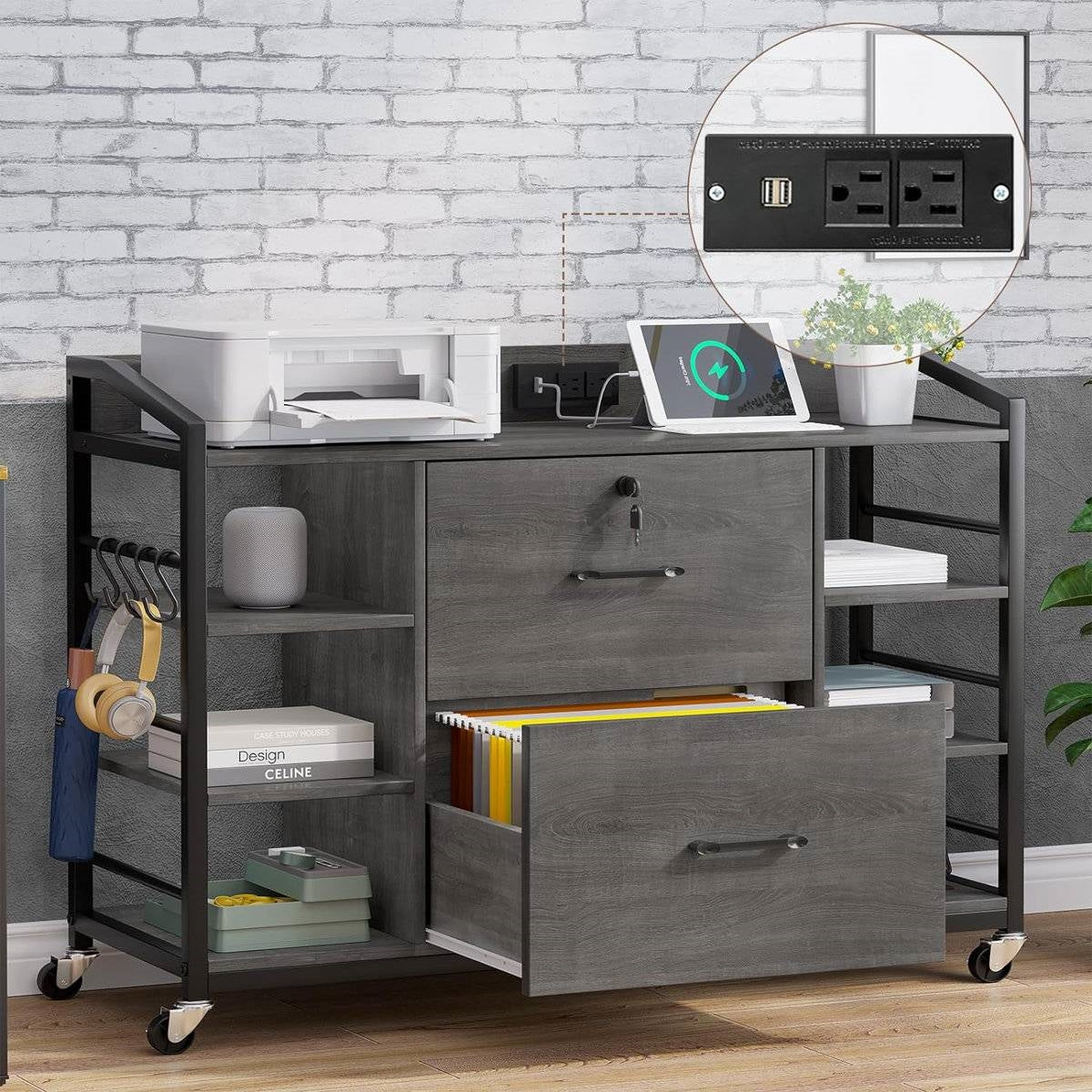 Grey Printer Stand Bookcase Power Station Mobile Office File Cabinet - Image 2