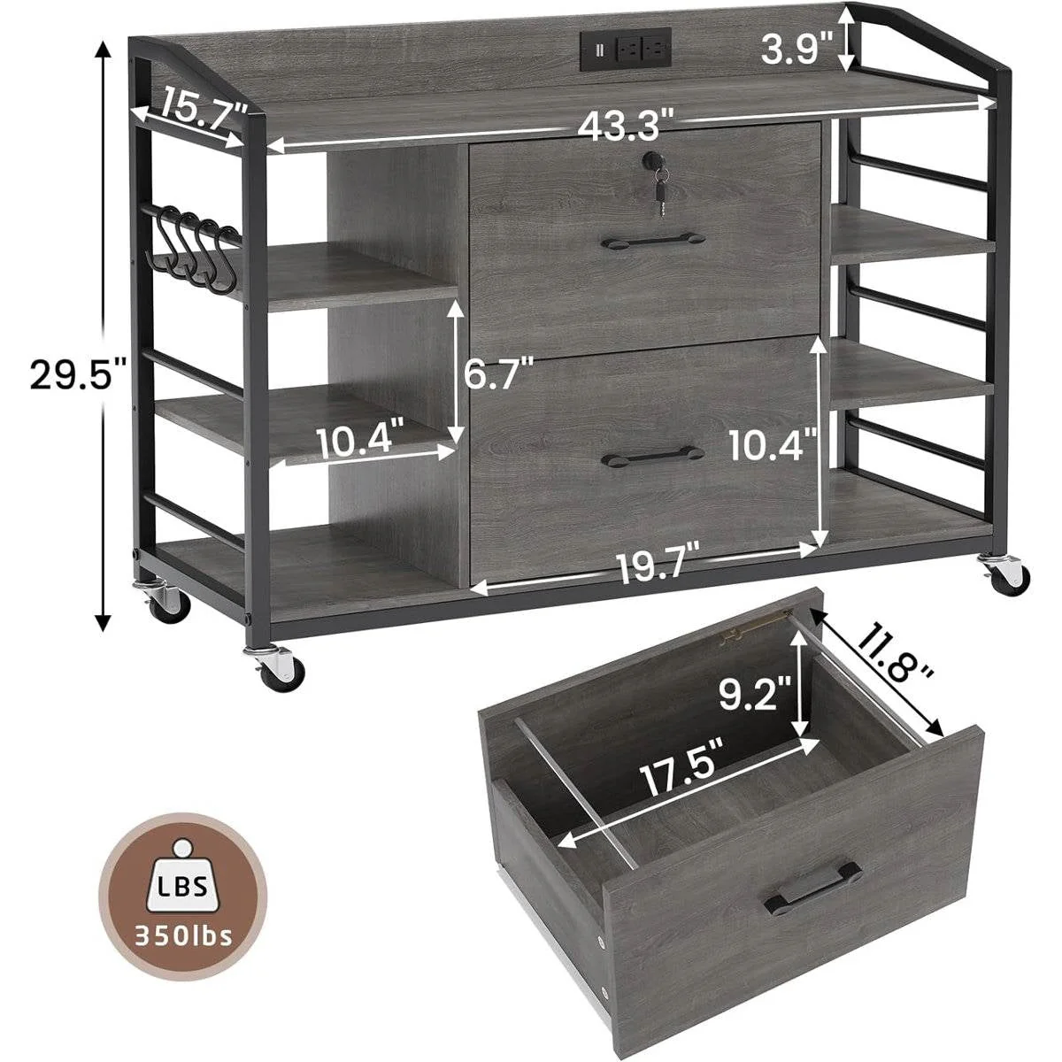 Grey Printer Stand Bookcase Power Station Mobile Office File Cabinet - Image 3
