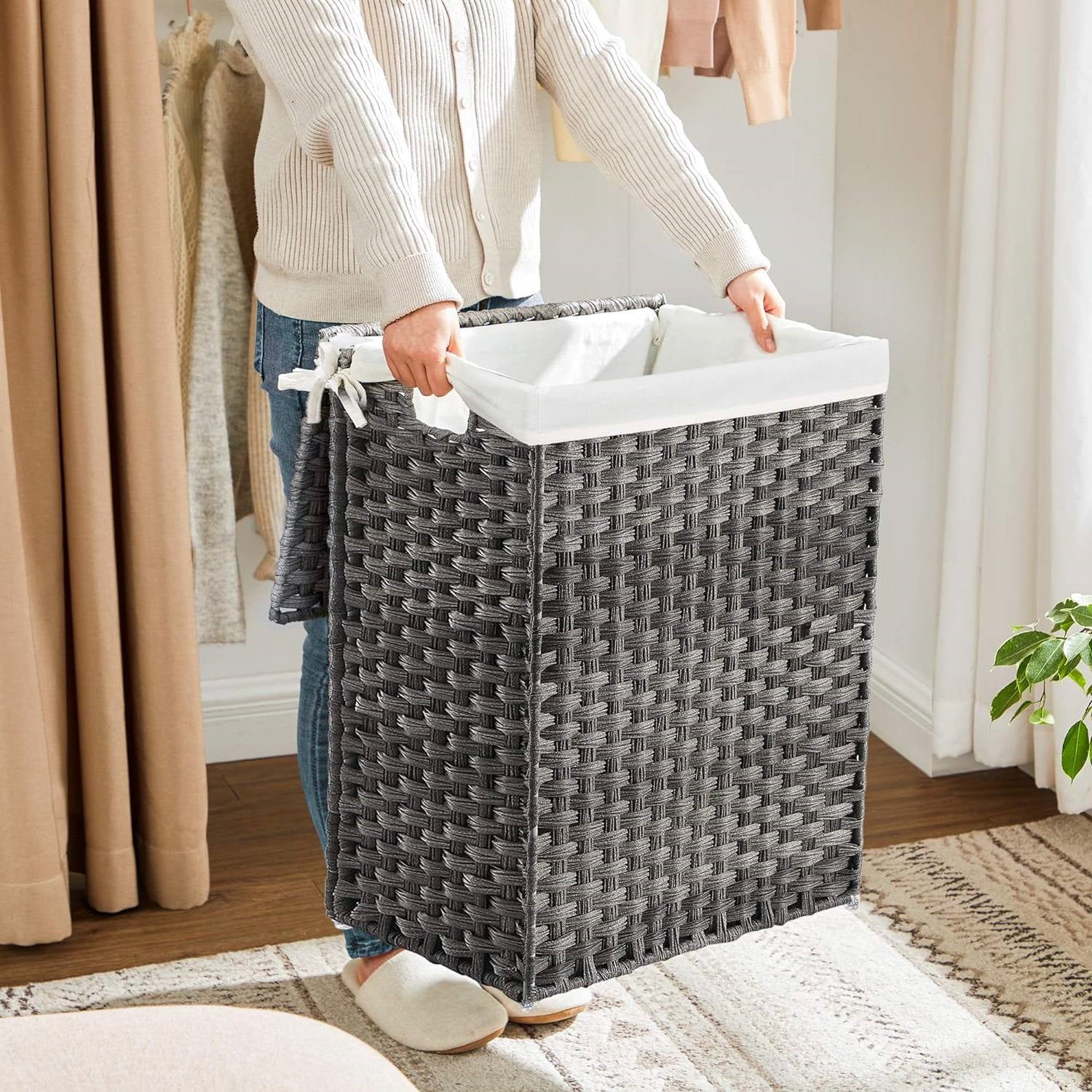 Grey Rattan Plastic Laundry Hamper Basket w/ Lid and Removable Cotton Liner Bag - Image 2