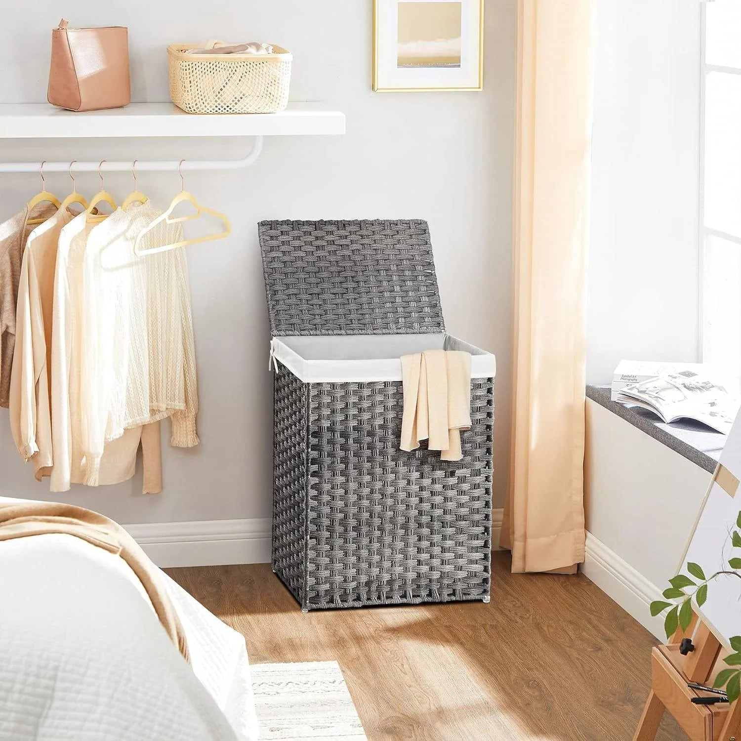 Grey Rattan Plastic Laundry Hamper Basket w/ Lid and Removable Cotton Liner Bag - Image 3