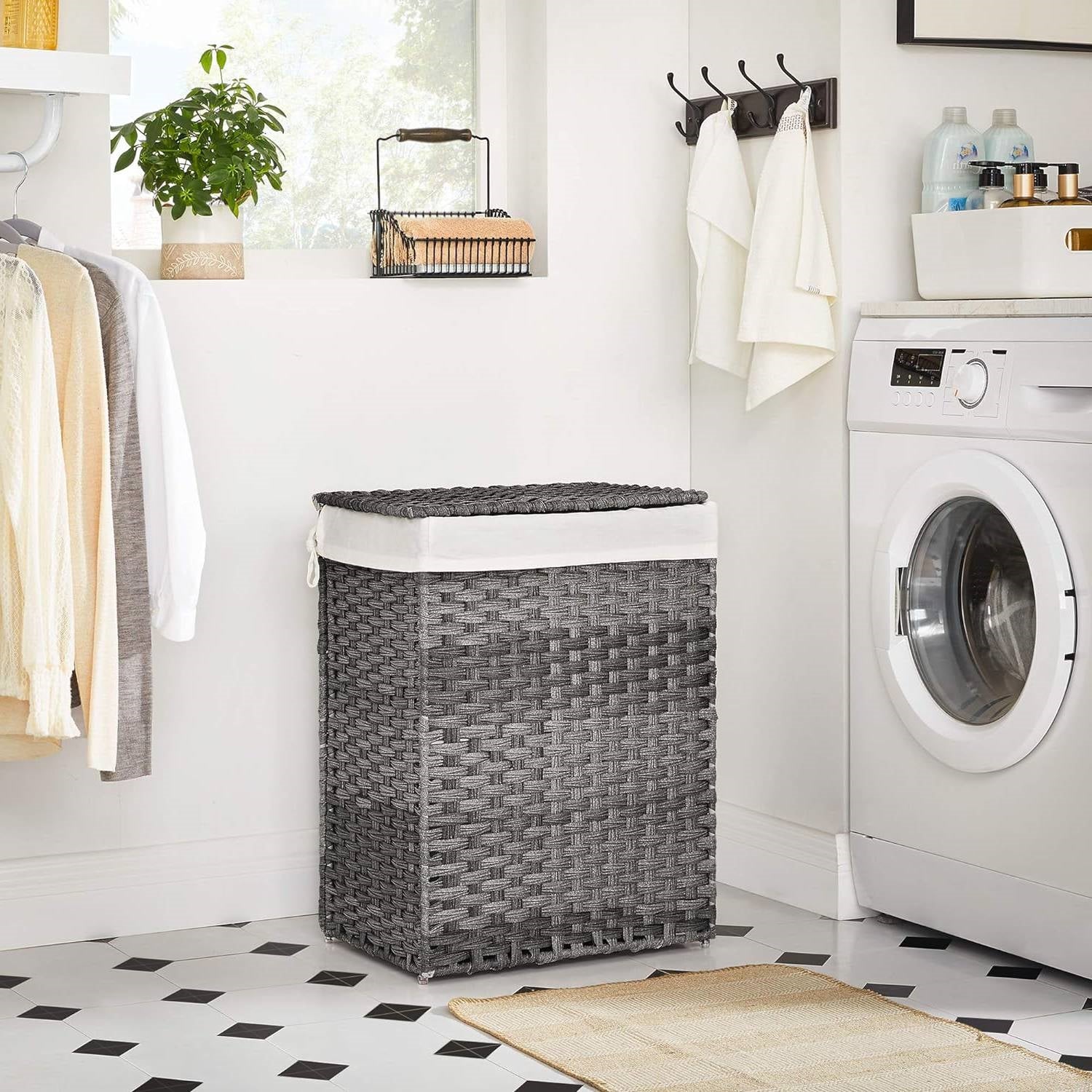 Grey Rattan Plastic Laundry Hamper Basket w/ Lid and Removable Cotton Liner Bag - Image 4