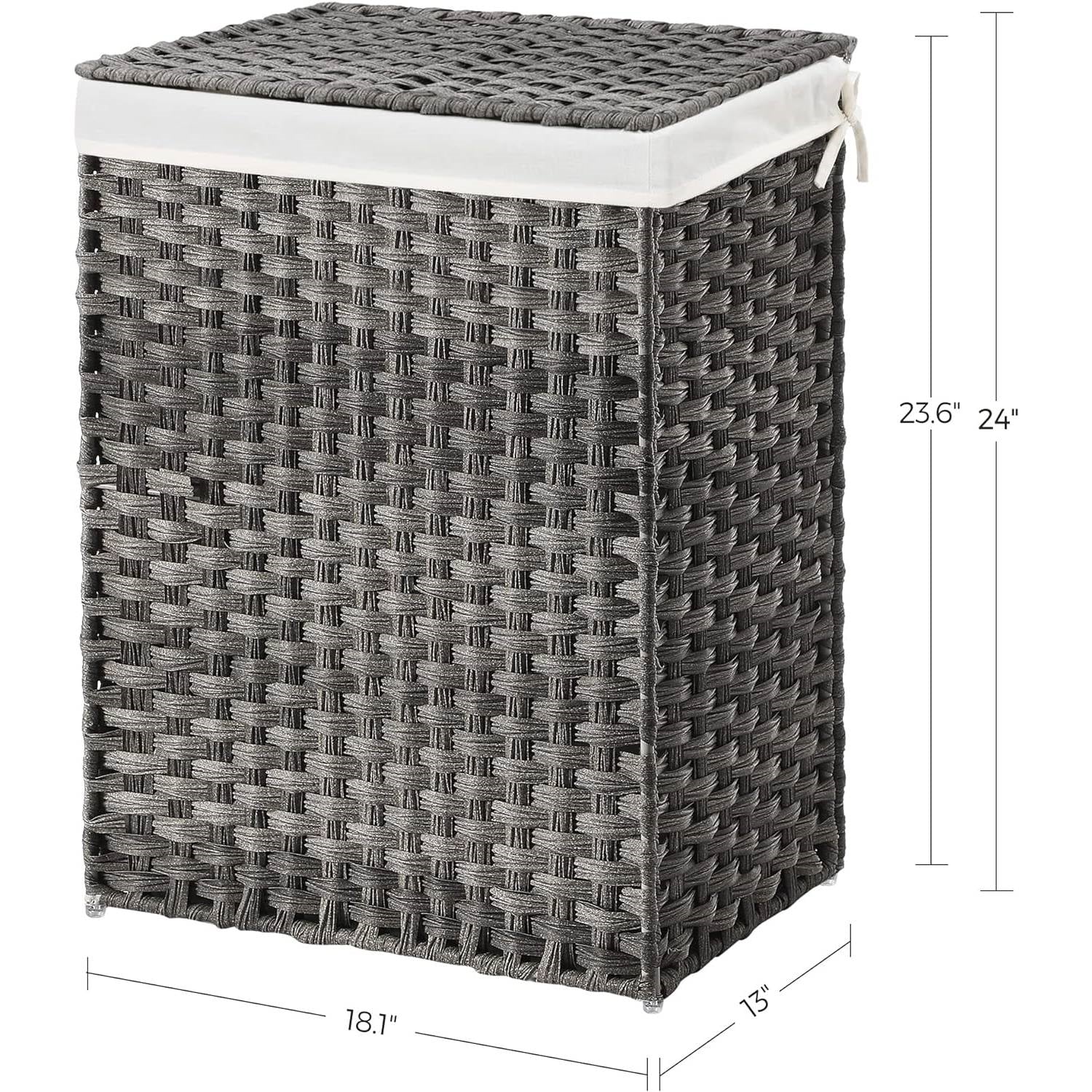 Grey Rattan Plastic Laundry Hamper Basket w/ Lid and Removable Cotton Liner Bag - Image 5
