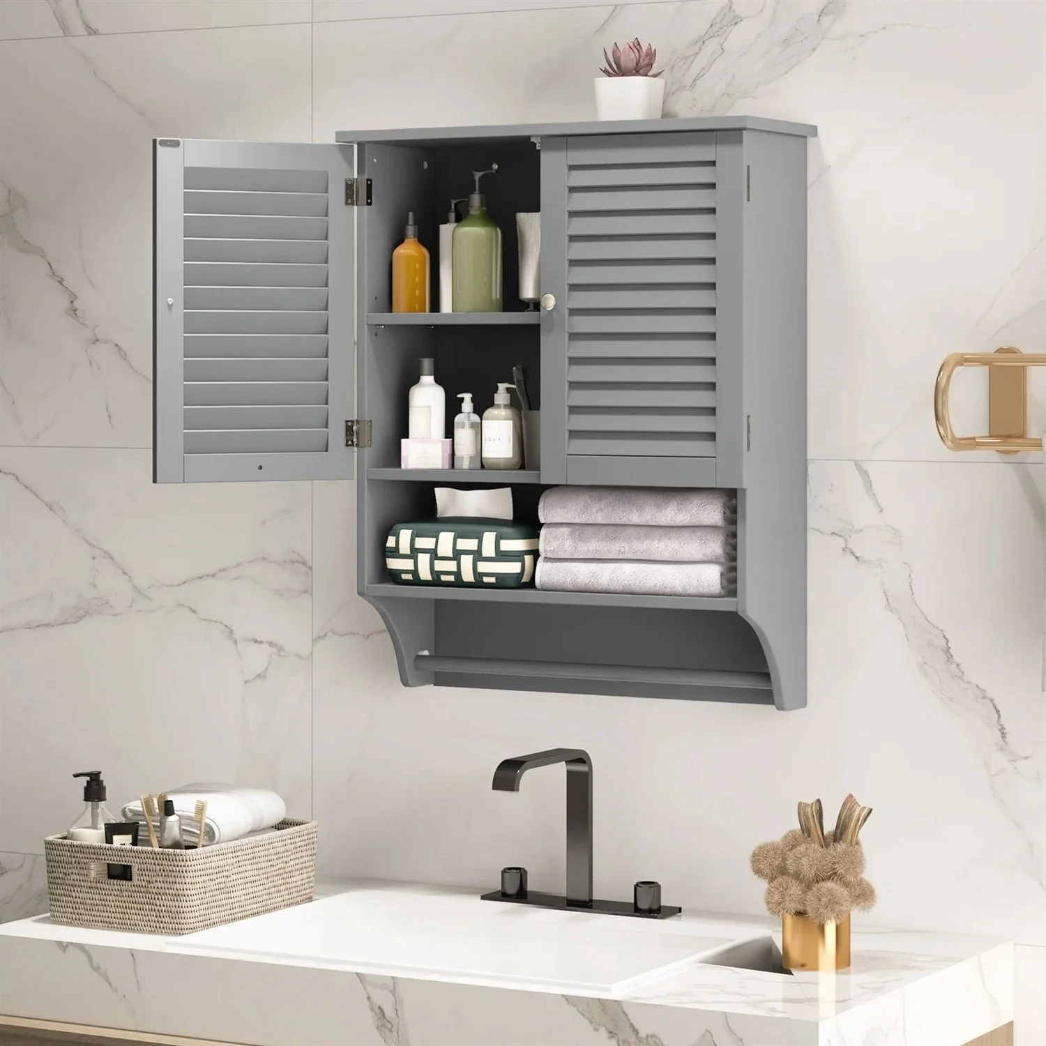 Grey Wall-Mounted Bathroom Medicine Cabinet with Louver Doors and Towel Bar - Image 2