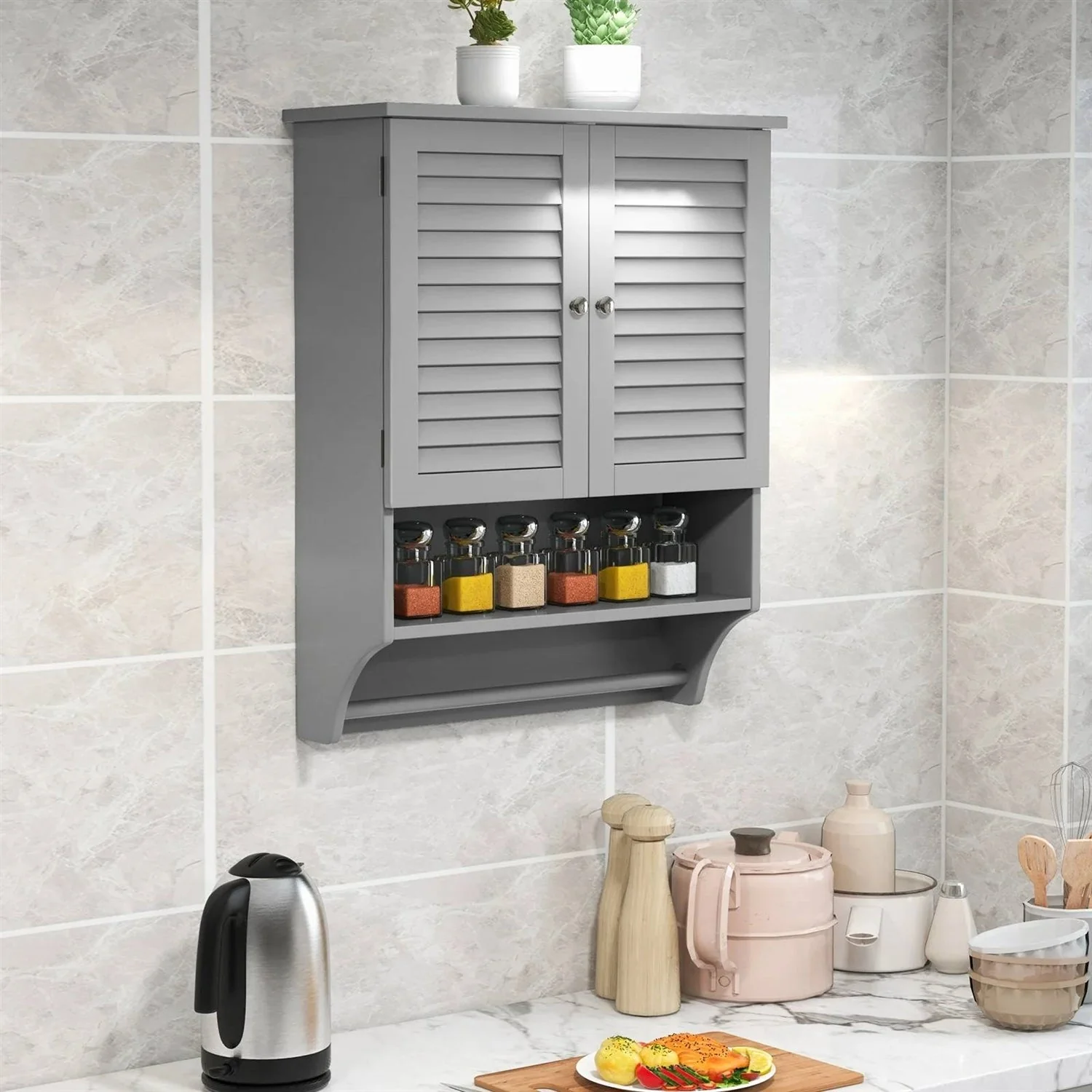 Grey Wall-Mounted Bathroom Medicine Cabinet with Louver Doors and Towel Bar - Image 3