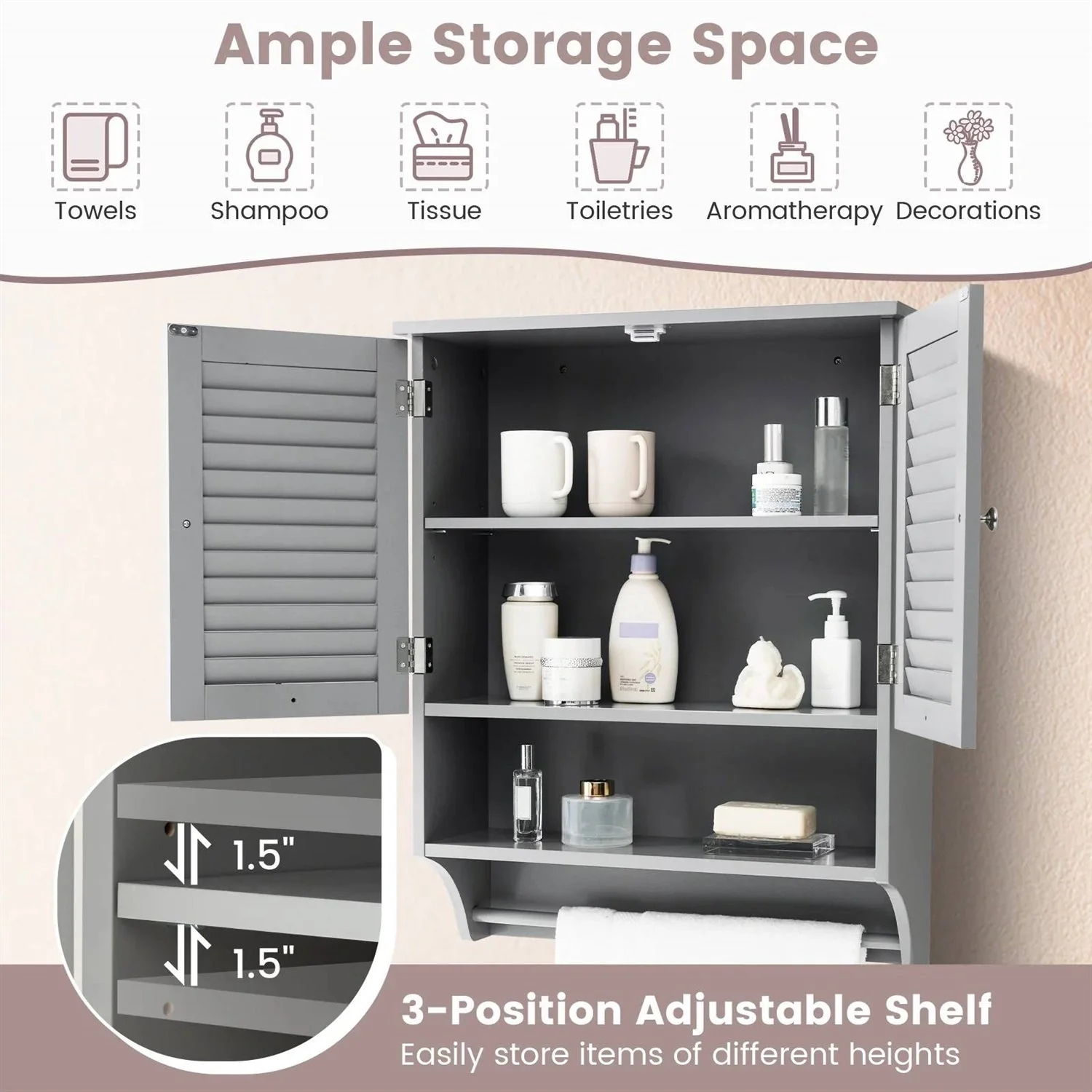 Grey Wall-Mounted Bathroom Medicine Cabinet with Louver Doors and Towel Bar - Image 4