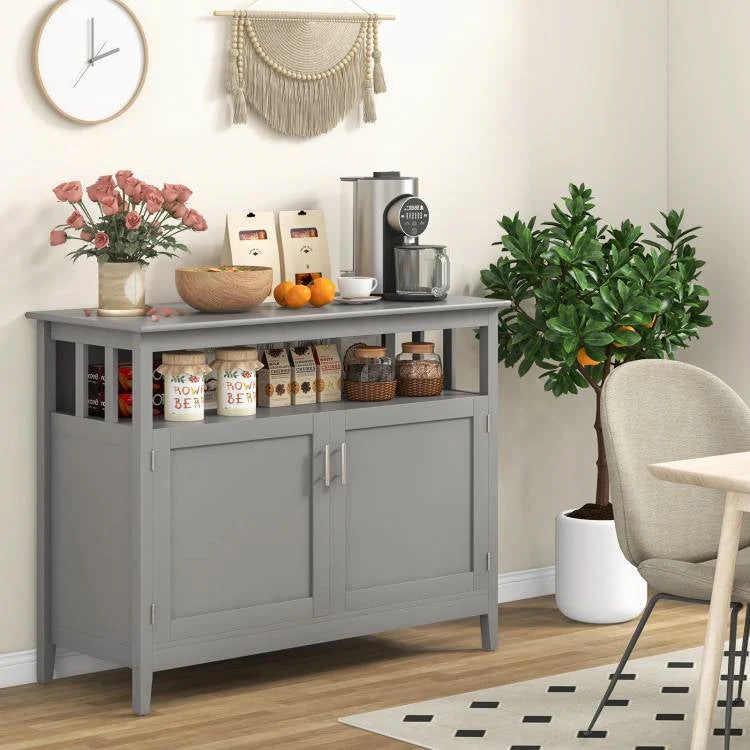 Grey Wood 2-Door Dining Buffet Sideboard Cabinet with Open Storage Shelf - Image 2
