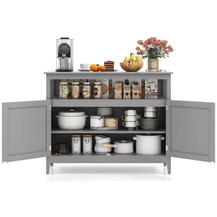 Grey Wood 2-Door Dining Buffet Sideboard Cabinet with Open Storage Shelf - Image 3