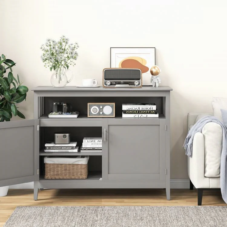 Grey Wood 2-Door Dining Buffet Sideboard Cabinet with Open Storage Shelf - Image 4