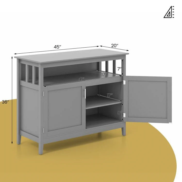 Grey Wood 2-Door Dining Buffet Sideboard Cabinet with Open Storage Shelf - Image 5