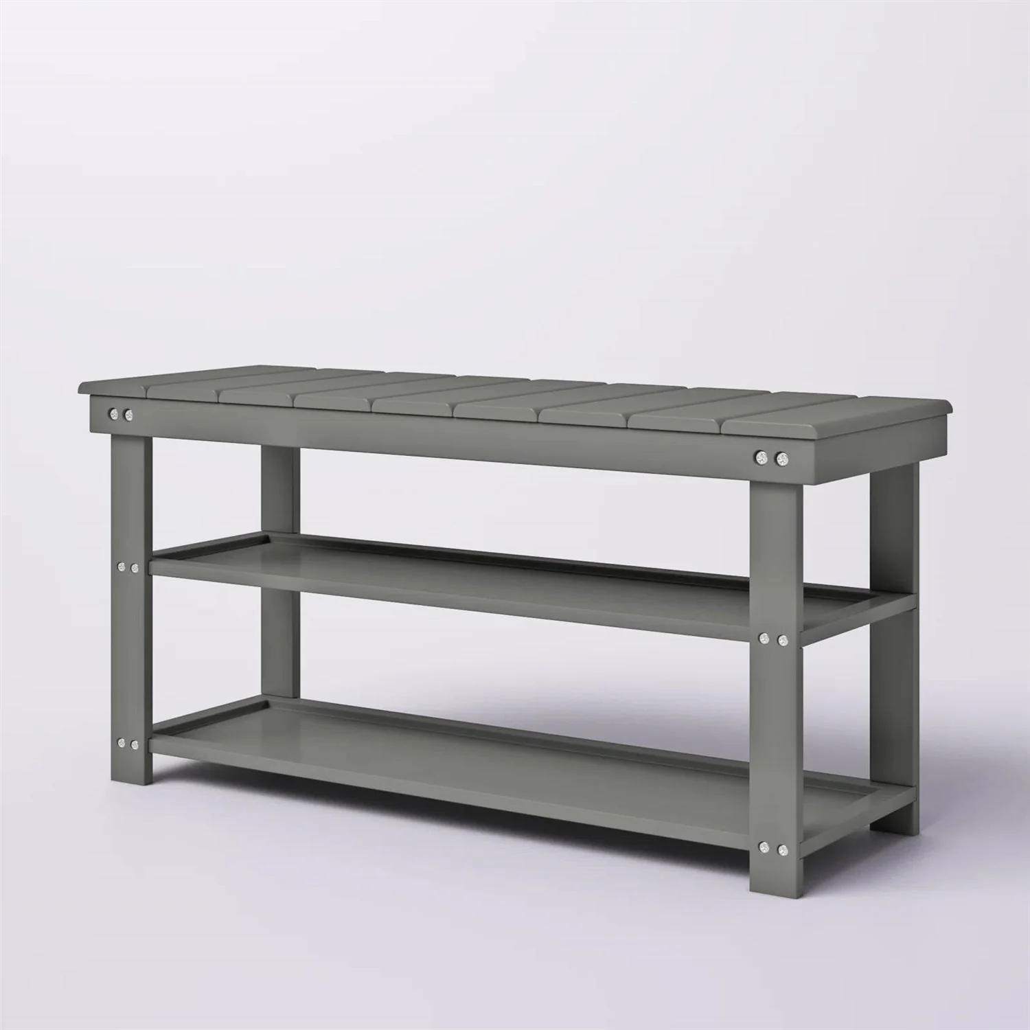 Grey Wood 2-Shelf Shoe Rack Storage Bench For Entryway or Closet - Image 2