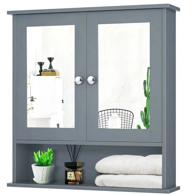 Grey Wood Bathroom Wall / Medicine Cabinet with Mirrored Doors and Shelf - Image 2