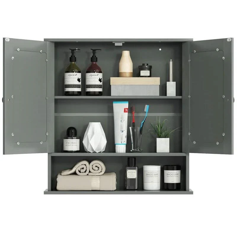 Grey Wood Bathroom Wall / Medicine Cabinet with Mirrored Doors and Shelf - Image 3