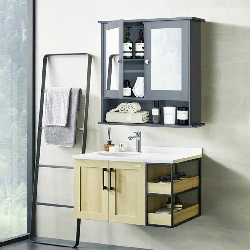 Grey Wood Bathroom Wall / Medicine Cabinet with Mirrored Doors and Shelf - Image 4
