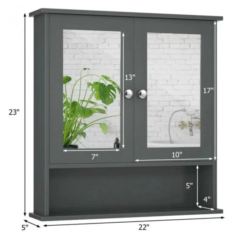 Grey Wood Bathroom Wall / Medicine Cabinet with Mirrored Doors and Shelf - Image 5