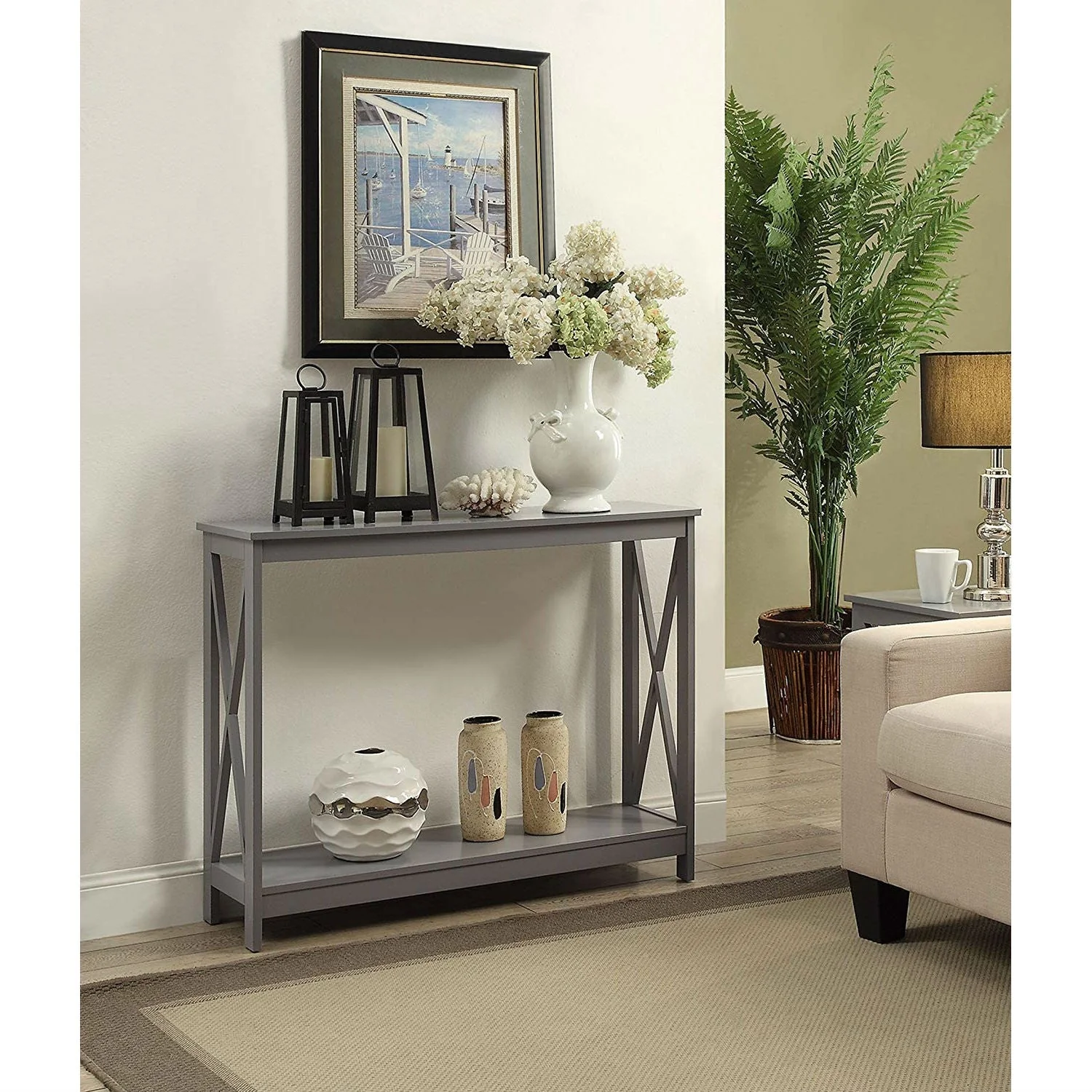 Grey Wood Console Sofa Table with Bottom Storage Shelf - Image 3