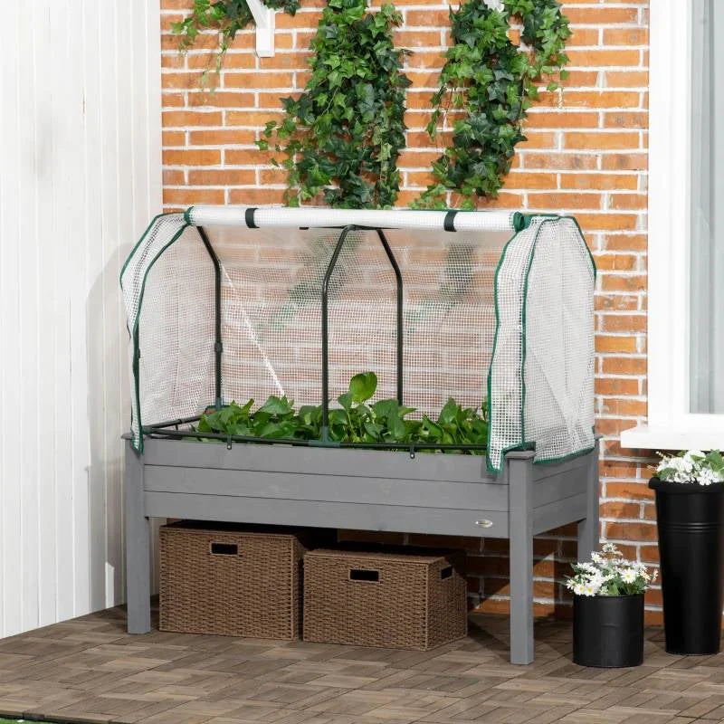 Grey Wood Elevated Raised Garden Bed Planter with Greenhouse Cover - Image 2