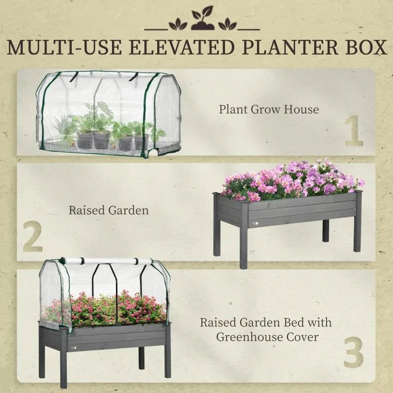 Grey Wood Elevated Raised Garden Bed Planter with Greenhouse Cover - Image 5
