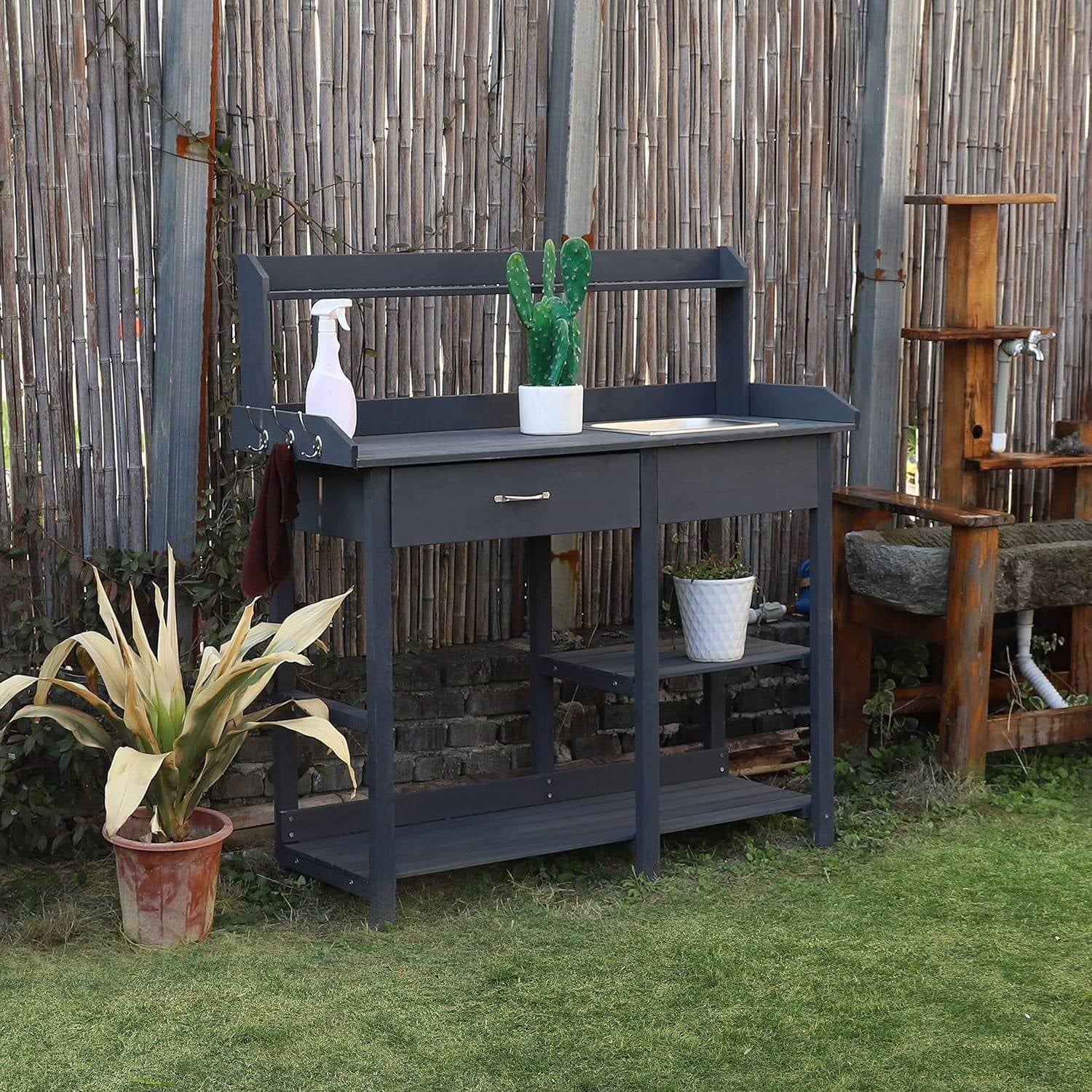 Grey Wood Outdoor Garden Potting Bench Storage Shelf with Removeable Sink - Image 2