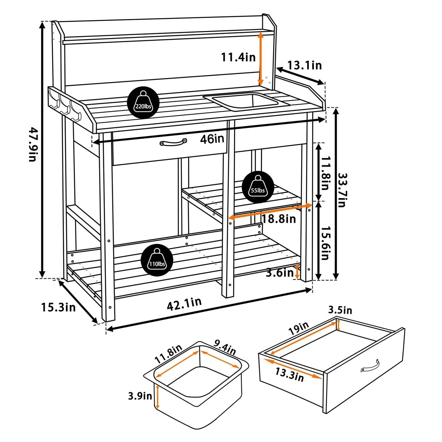 Grey Wood Outdoor Garden Potting Bench Storage Shelf with Removeable Sink - Image 4