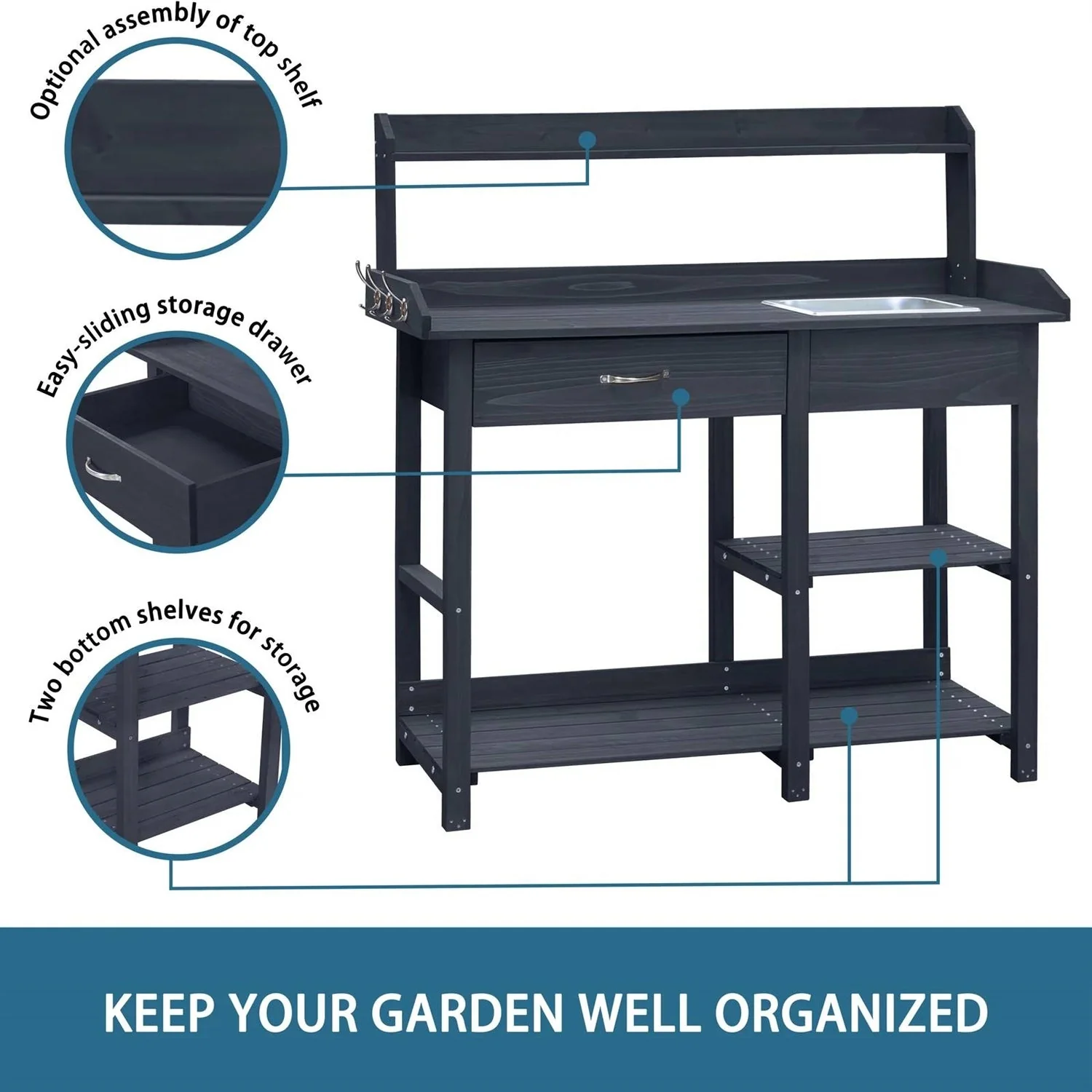 Grey Wood Outdoor Garden Potting Bench Storage Shelf with Removeable Sink - Image 5