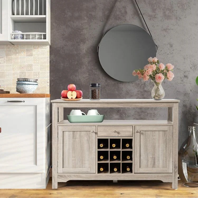 Grey Wood Sideboard Buffet Server Cabinet with Wine Rack and Storage Shelf - Image 2